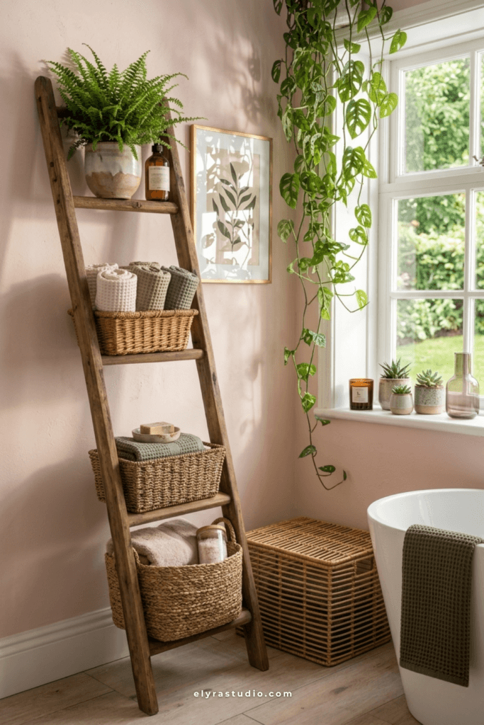 Small bathroom vertical storage ideas with wooden ladder shelf, woven baskets, hanging plants, and cozy spa decor