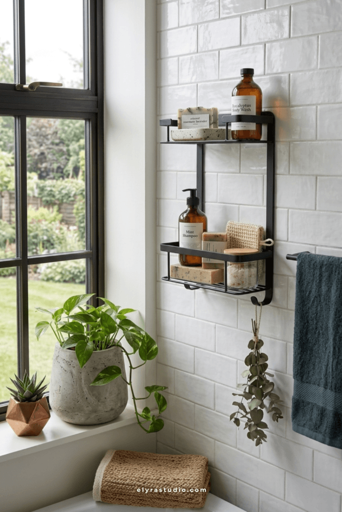 Minimal shower wall storage with mounted black shelf, amber bottles, soft towels, and calming bathroom organization ideas