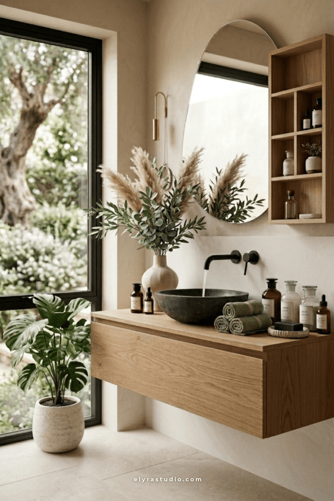 Quiet luxury bathroom vanity with wood cabinet, stone sink, soft neutral decor, and organized countertop styling