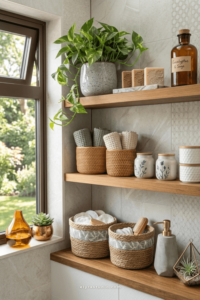 Calm Japandi bathroom shelves with woven baskets, folded towels, ceramic jars, and soft neutral bathroom storage ideas