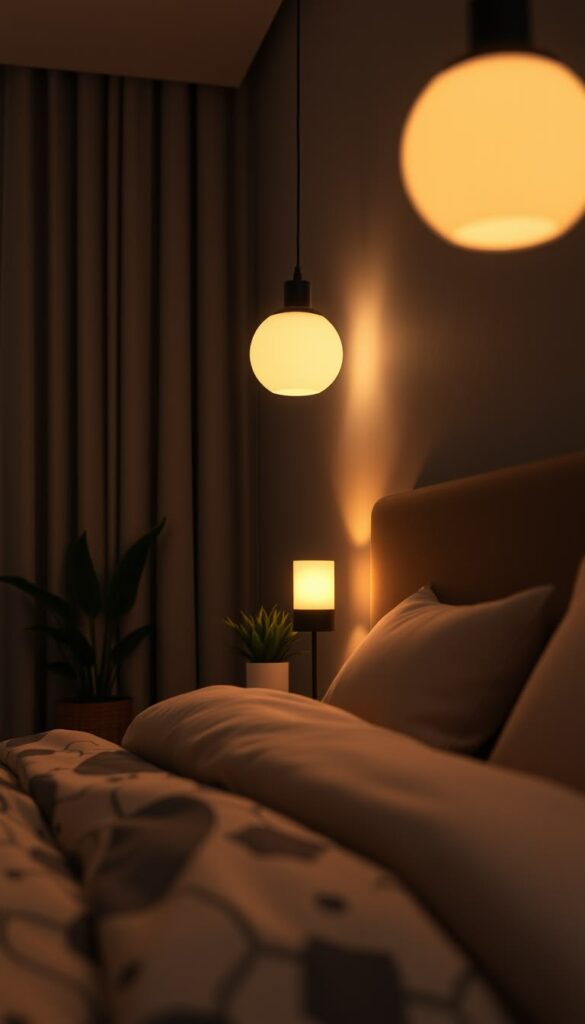 Small bedroom with layered warm lighting, bedside lamps, pendant light, and cozy evening glow