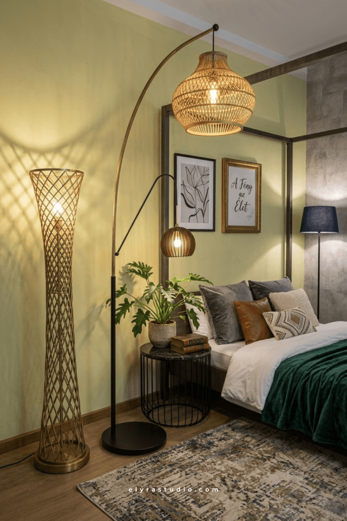  Bedroom corner with oversized floor lamp, warm woven lighting, and cozy layered decor