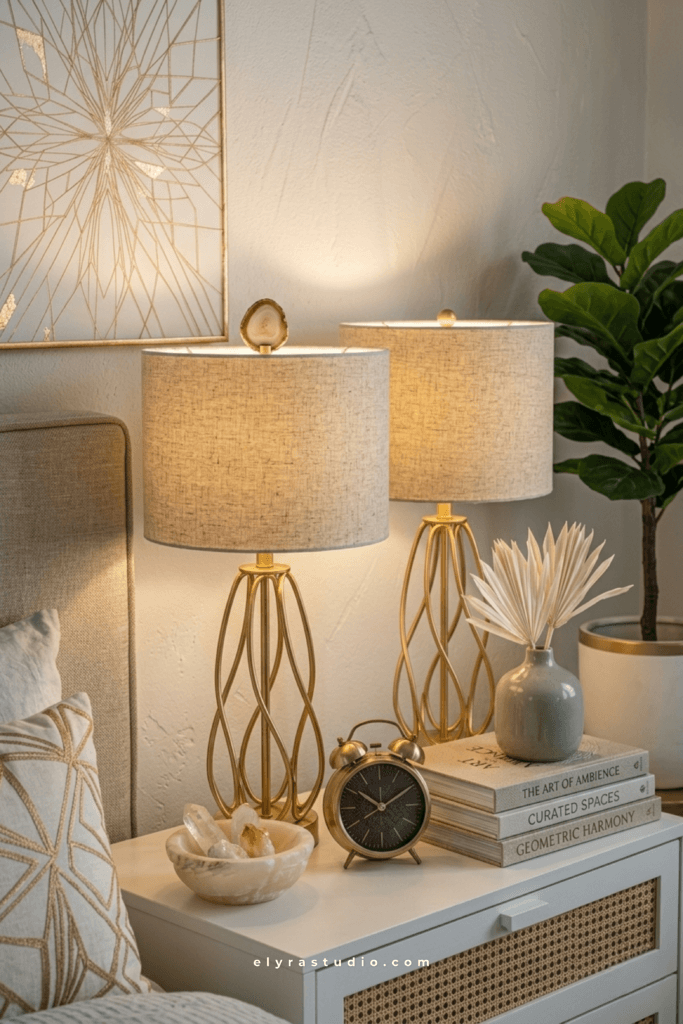Neutral bedside table with fabric lampshades, warm bedroom lighting, and soft cozy decor