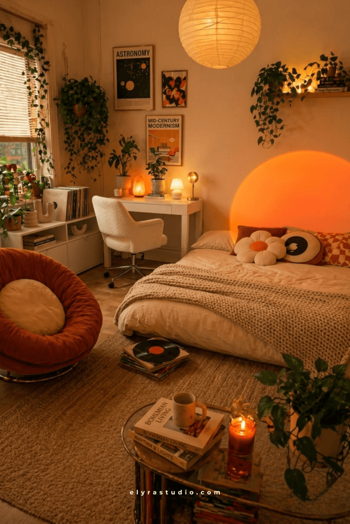 Cozy retro bedroom with sunset projection lamp warm ambient lighting indoor plants and layered textures