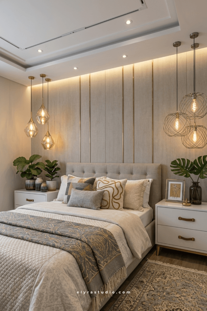 Bedroom with mixed lighting heights, pendant lights, bedside lamps, and warm layered glow