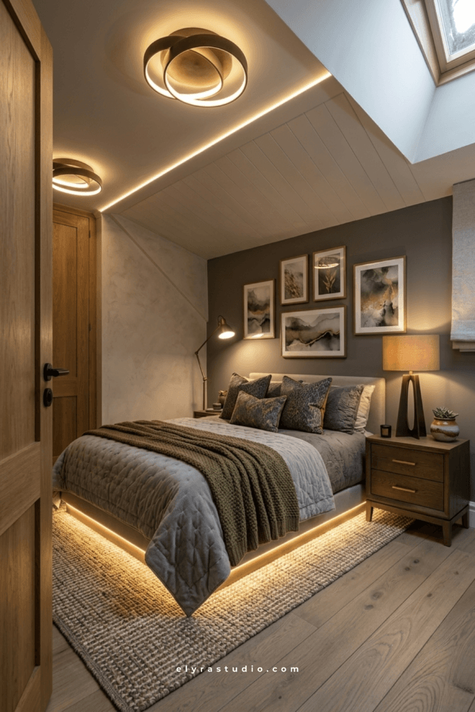 Warm bedside lamp with golden glow, dark bedroom atmosphere, and cozy nighttime lighting inspiration