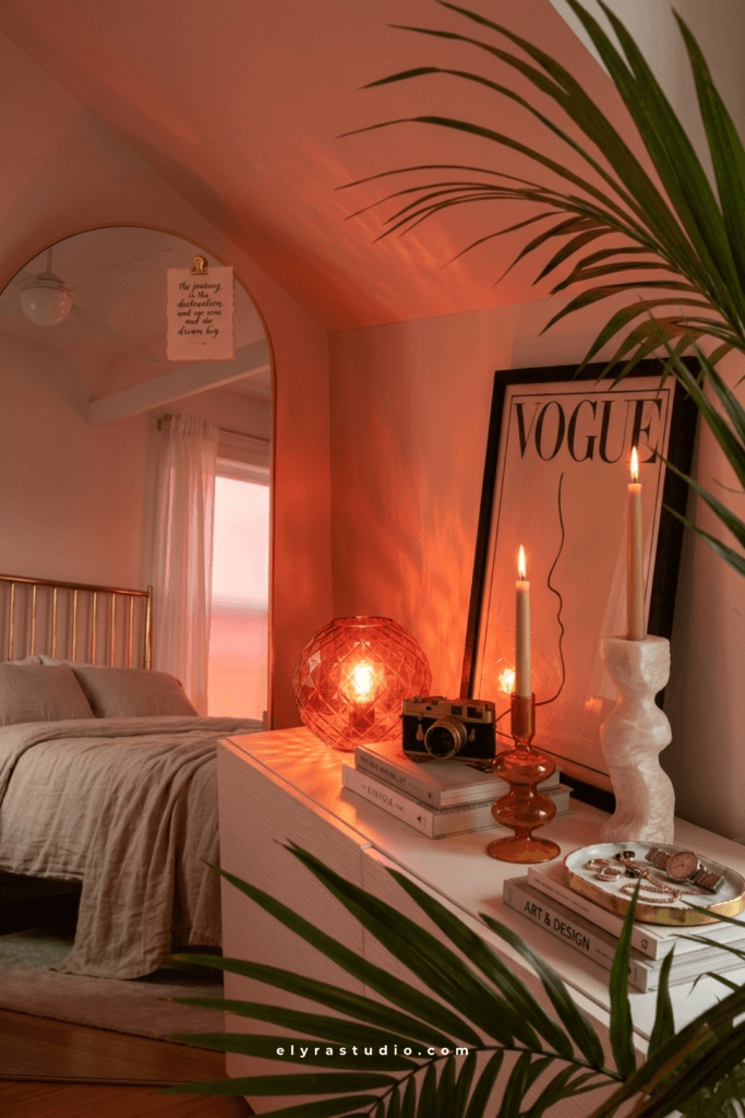  Bedroom mirror with warm ambient light, soft evening glow, and cozy dresser styling