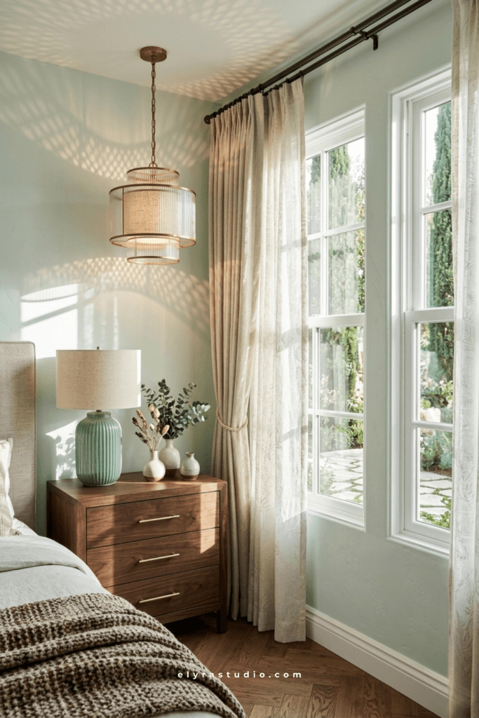 Moody bedroom with warm ambient lighting, soft shadows, and relaxing cozy atmosphere