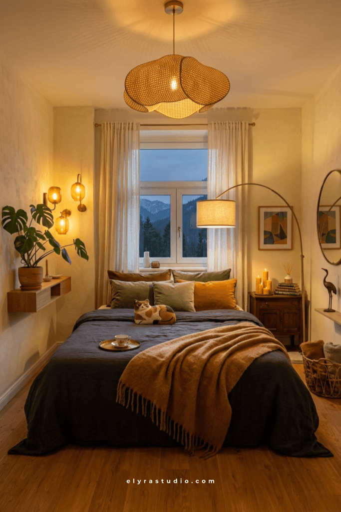 Cozy bedroom with consistent warm lighting, neutral decor, and soft layered glow