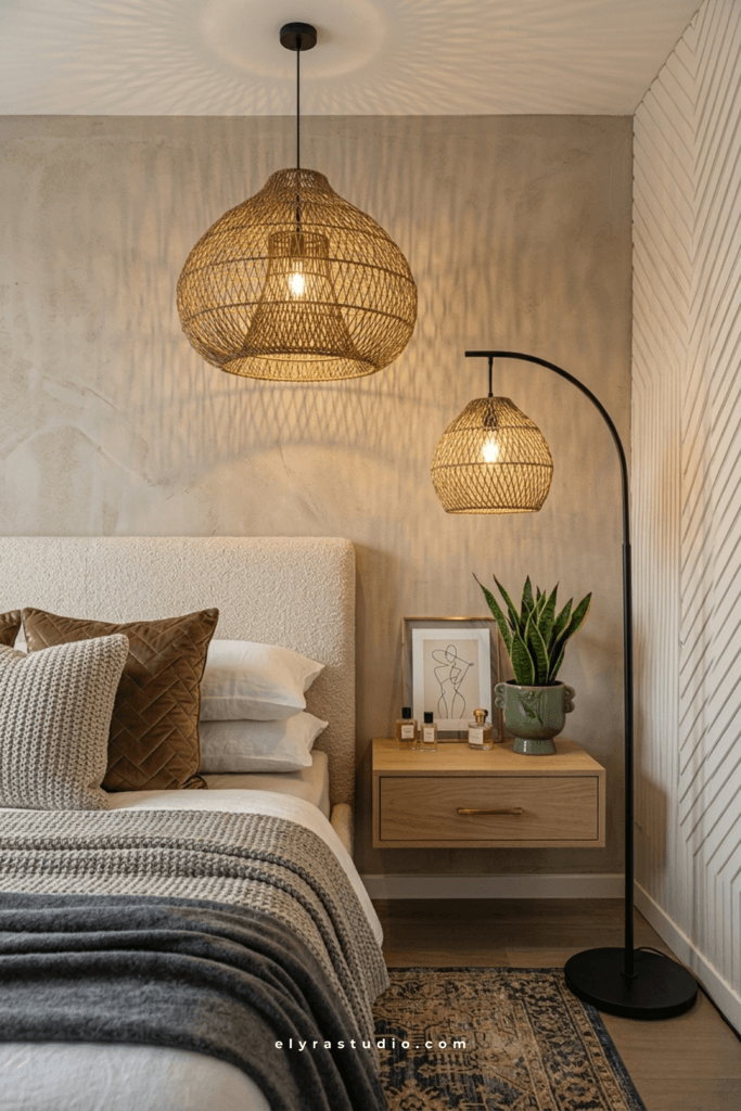 Cozy small bedroom with warm lamps, layered lighting, and soft relaxing evening atmosphere