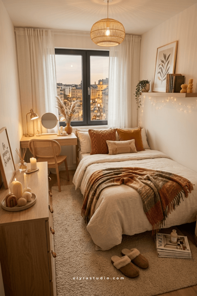 Warm wood bedroom with soft amber lighting, cozy textiles, and relaxing natural decor