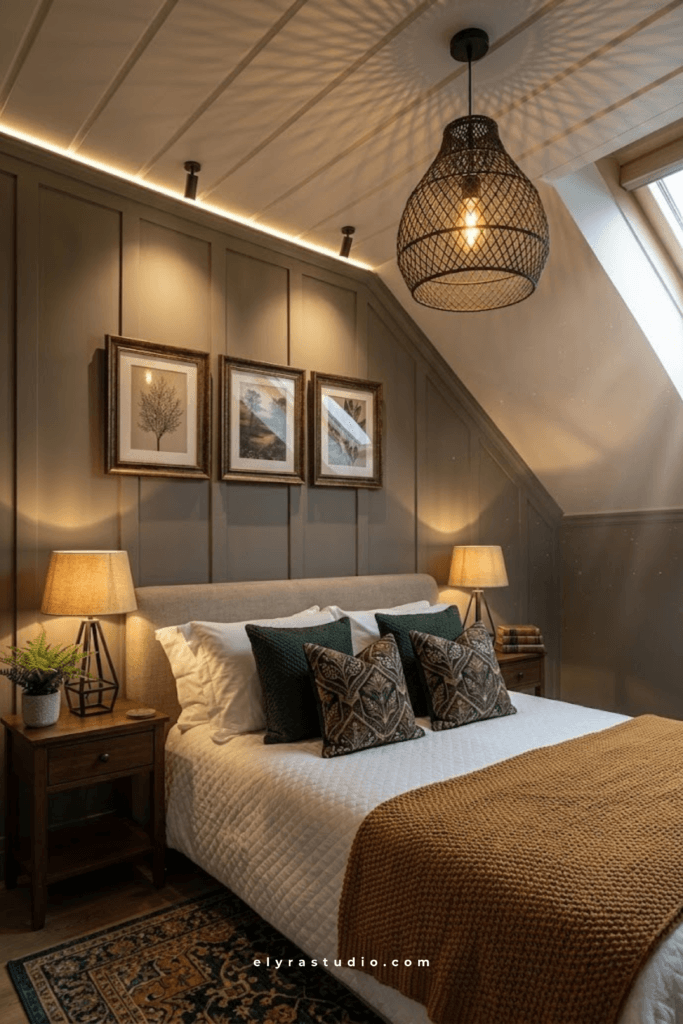 Modern small bedroom with hidden LED strip lighting, warm ambient glow, and layered neutral bedding