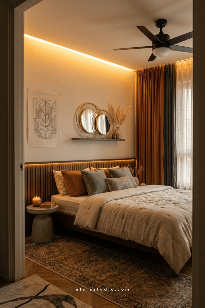 Modern bedroom lighting with warm LED accents, dimmable glow, and cozy neutral decor