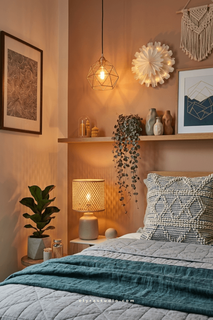 Small bedroom wall lighting with warm bedside glow, soft neutral bedding, and space-saving lighting ideas
