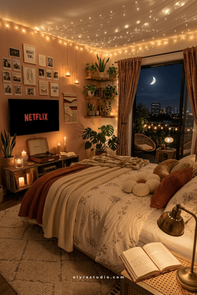 Cozy bedroom with reading lamp, warm ambient lighting, and relaxing nighttime routine setup