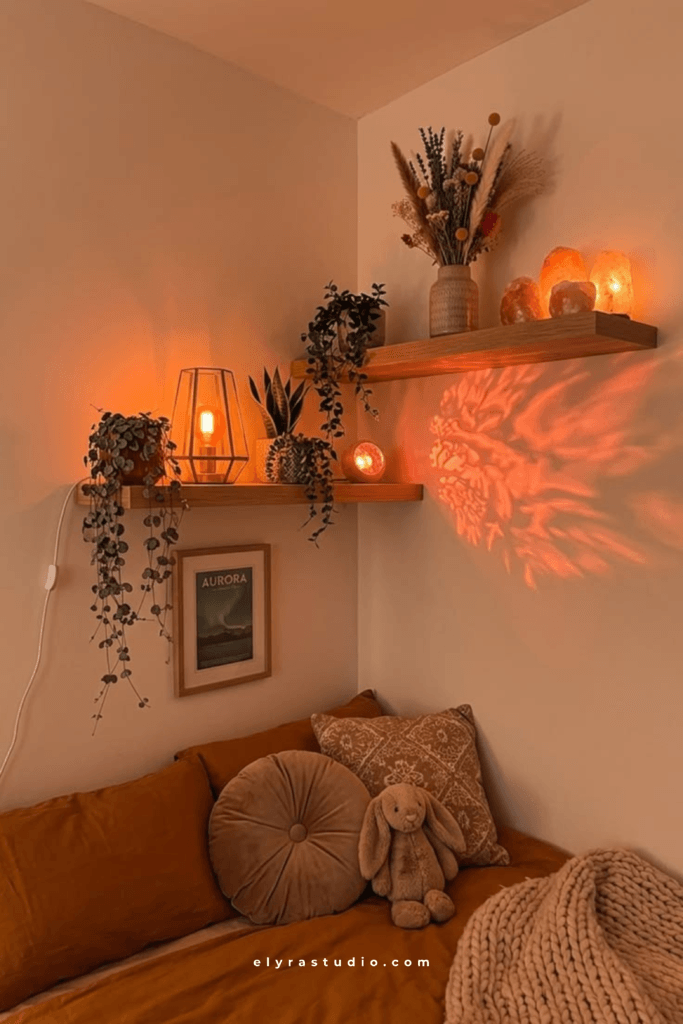 Bedroom with candlelight-inspired warm glow, soft accent lighting, and cozy evening decor