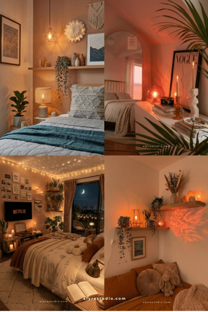 Cozy bedroom lighting inspiration collage with warm ambient lamps soft evening glow layered textures and relaxing small bedroom decor ideas