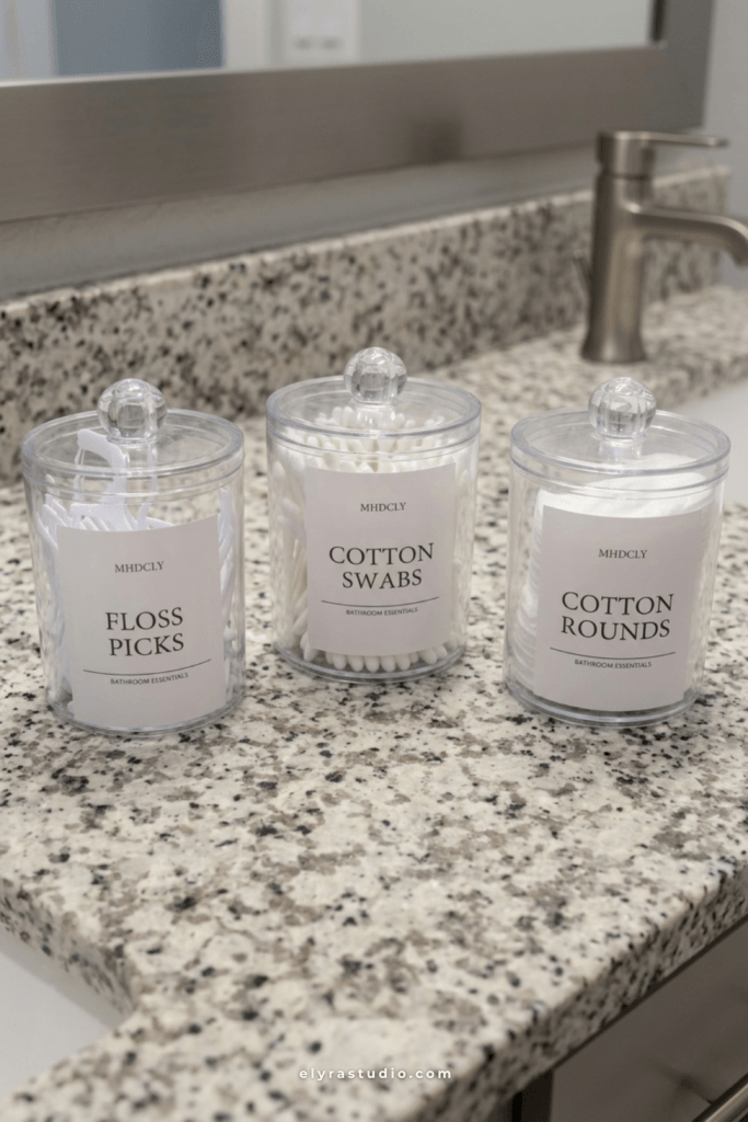 Clear bathroom storage jars for cotton swabs, cotton pads, floss picks, and small beauty essentials on a bathroom counter