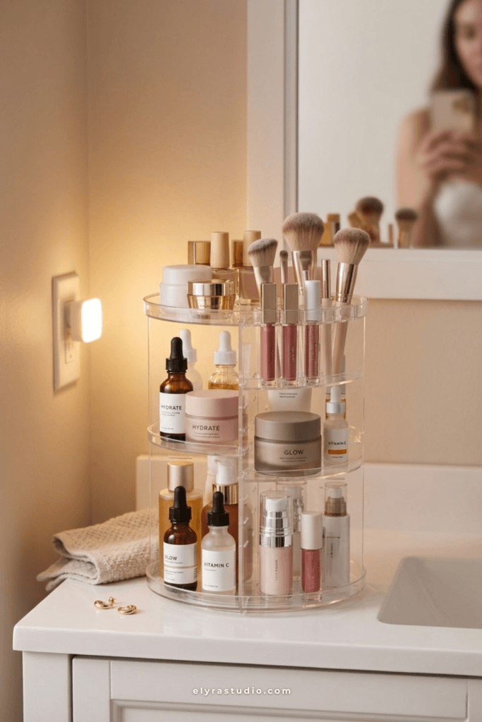 Rotating acrylic makeup organizer storing skincare, makeup, lip products, and brushes on a clean modern vanity counter