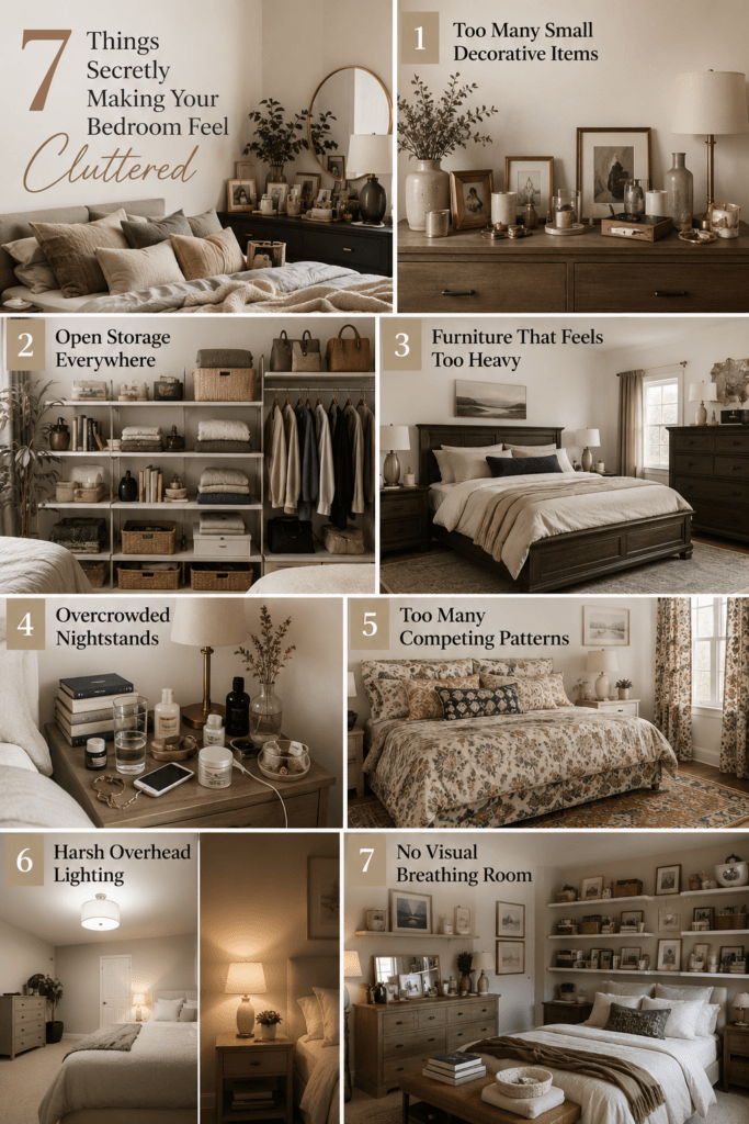 Bedroom filled with wall shelves, framed art and decorative accessories that make the space feel visually crowded.
