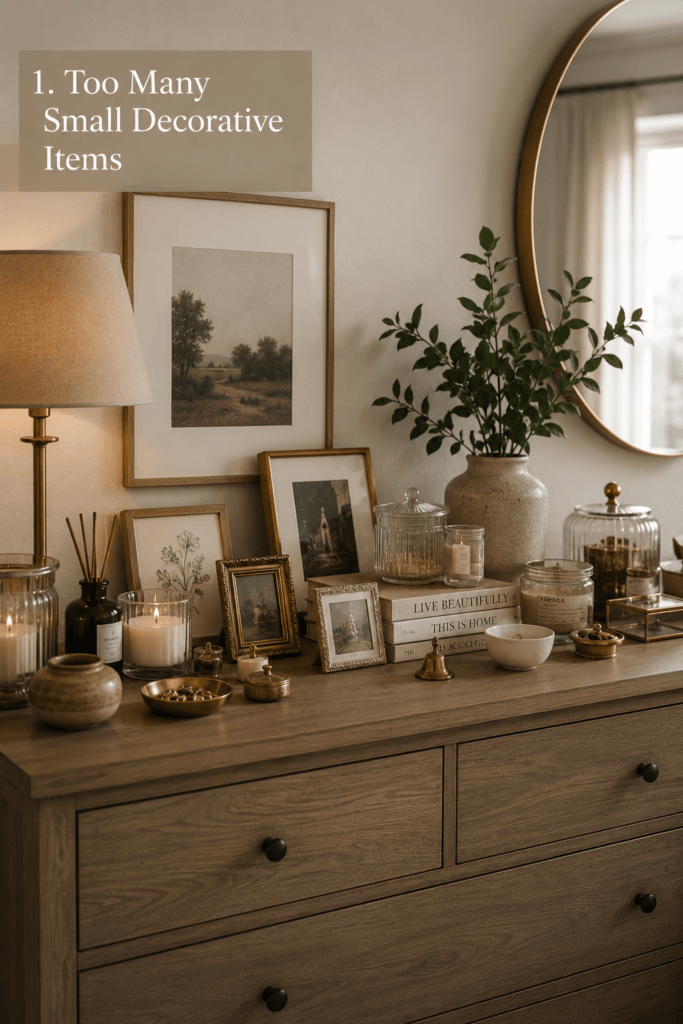 Bedroom dresser covered with multiple small decorative items creating visual clutter.