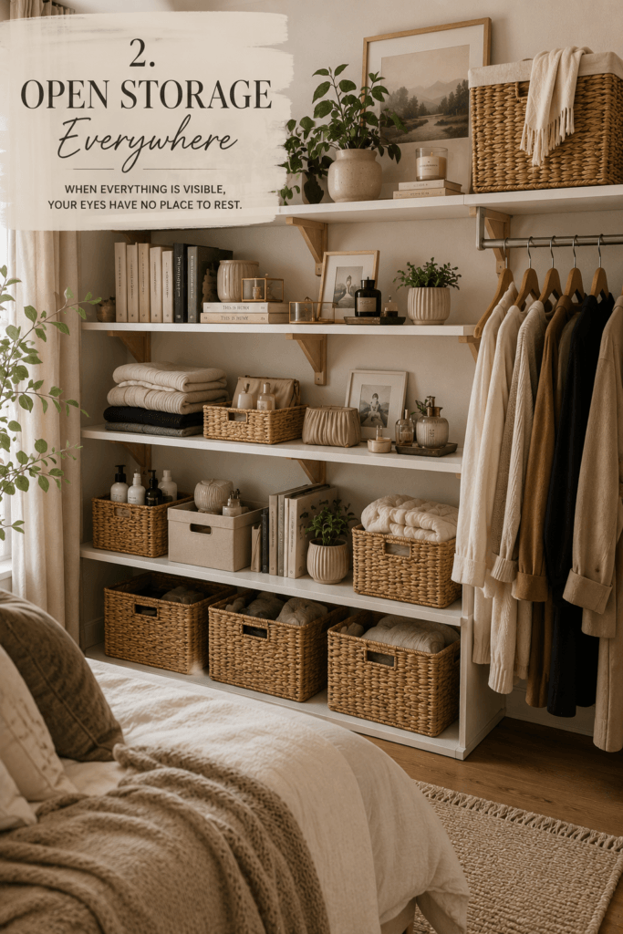Open bedroom shelving displaying baskets, books, decor and everyday items.