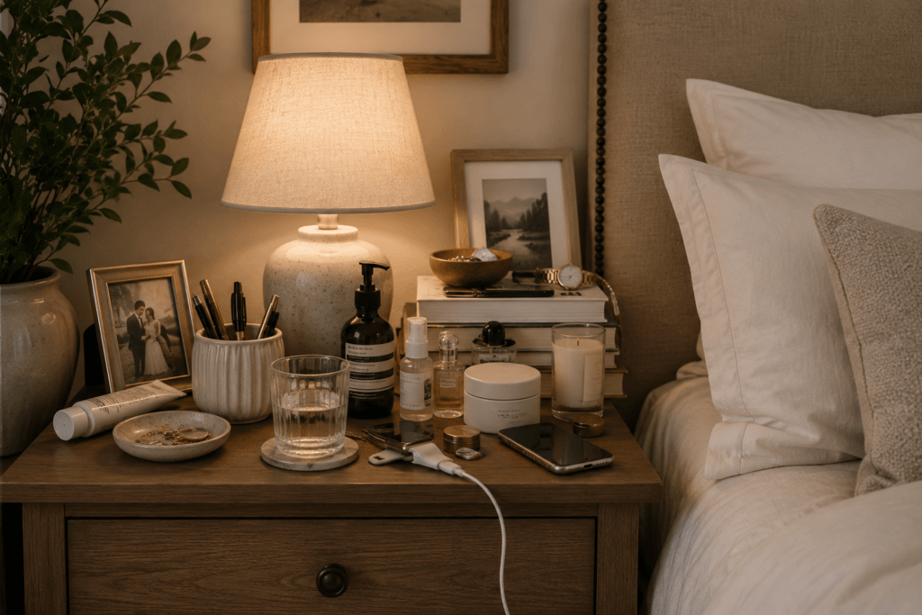 Overcrowded bedroom nightstand filled with personal items and everyday essentials.