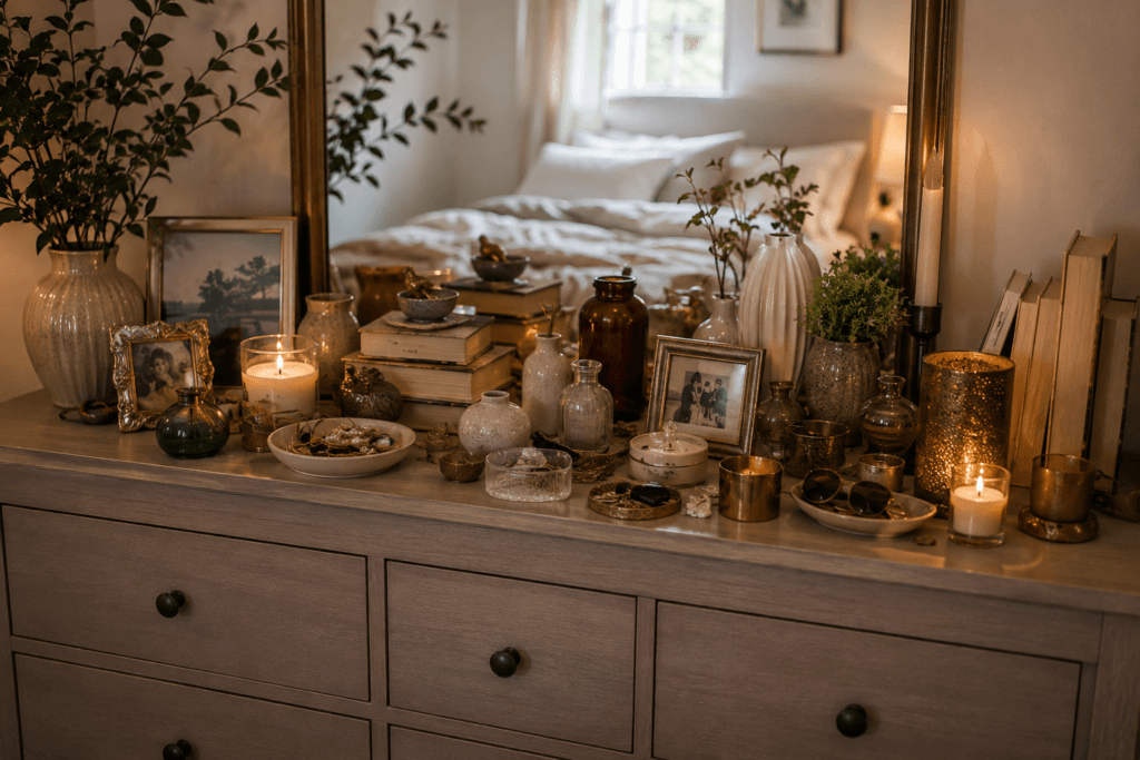 Decorative accessories, candles and picture frames covering a bedroom dresser surface.