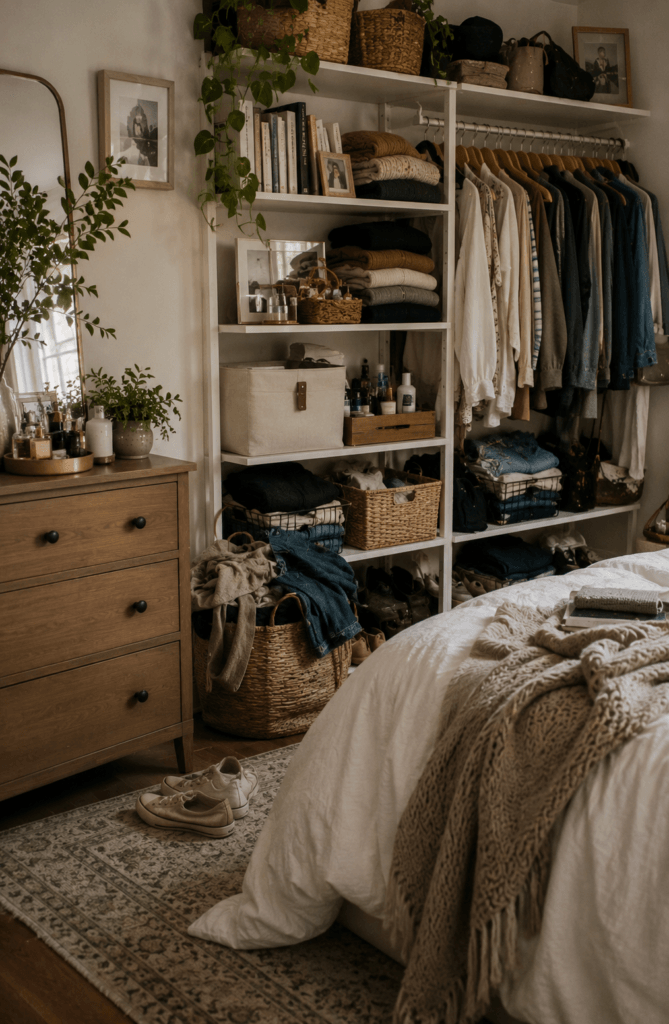 Open clothing storage and shelving creating a visually busy bedroom layout.