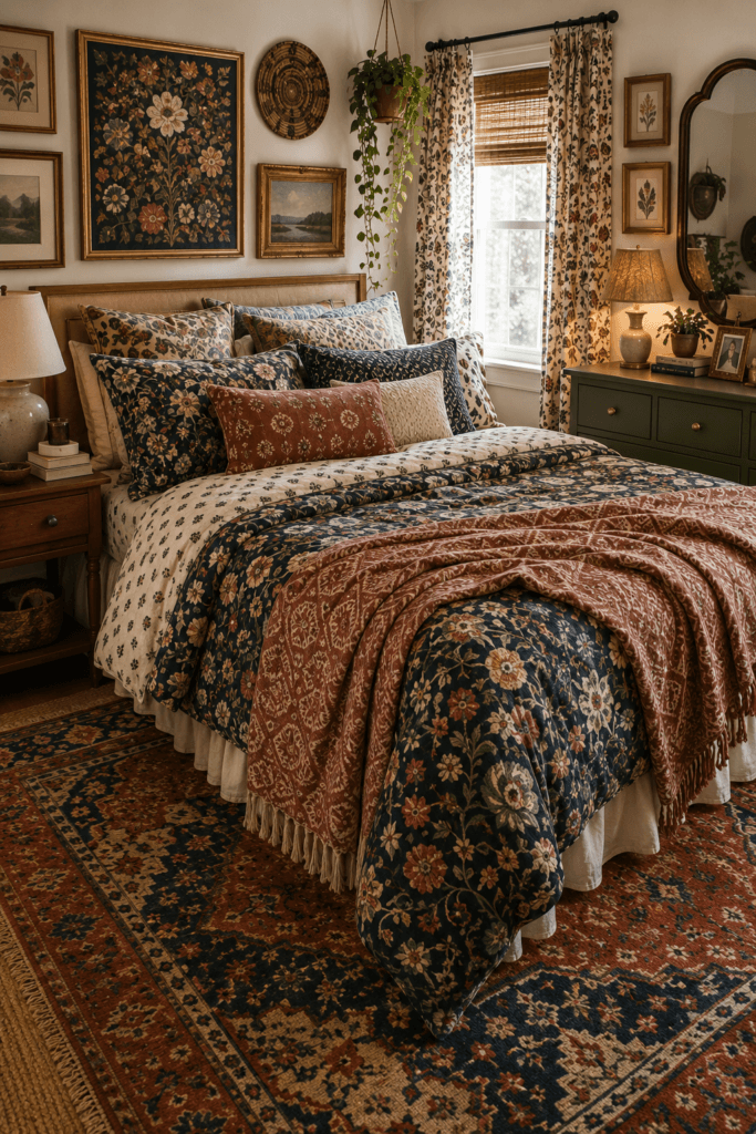 Bedroom with multiple patterns competing for attention across bedding and decor.
