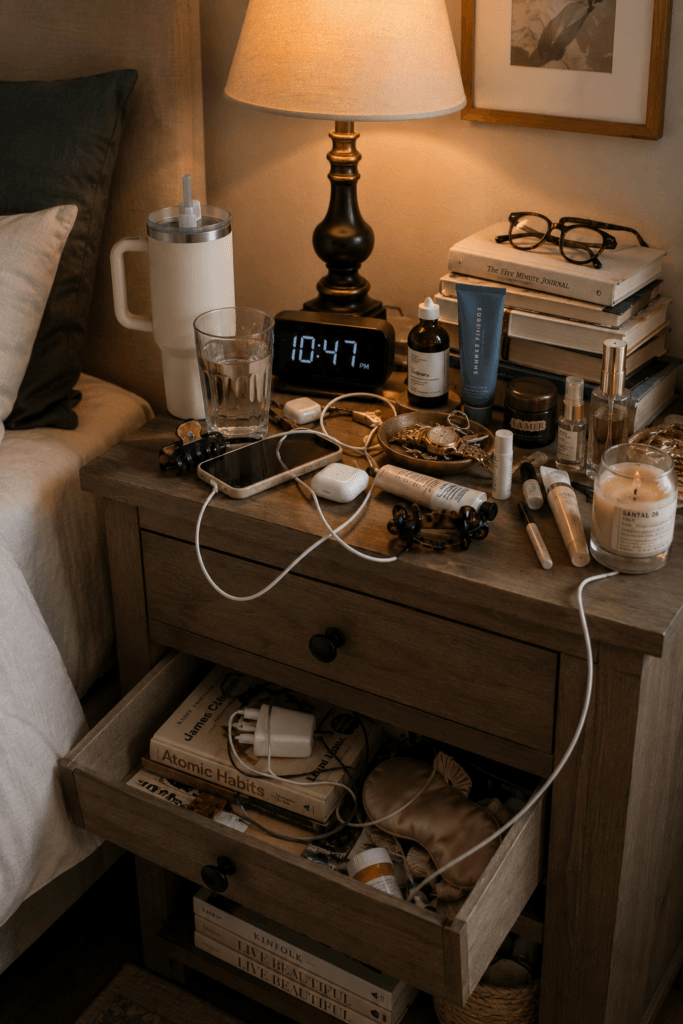 Cluttered bedside surface with books, skincare products, accessories and charging cables.