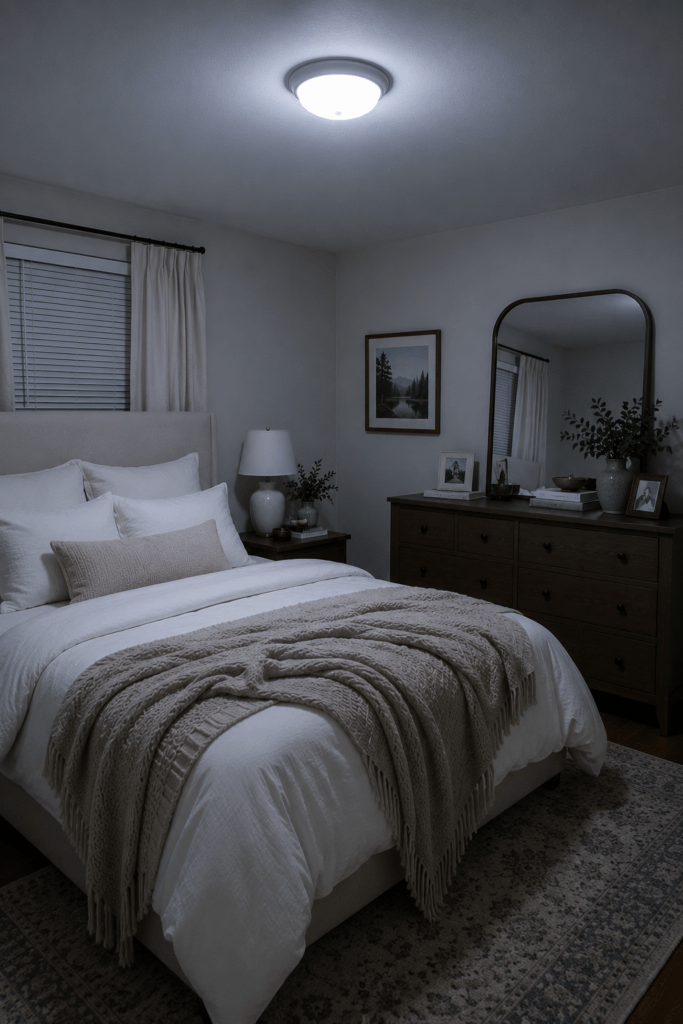 Bedroom lit by bright overhead lighting instead of softer layered lighting sources.