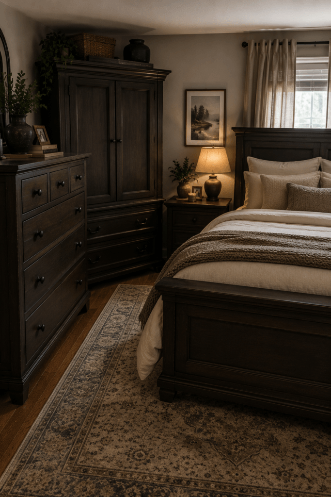 Large dark wood furniture making a small bedroom feel heavier and more crowded.