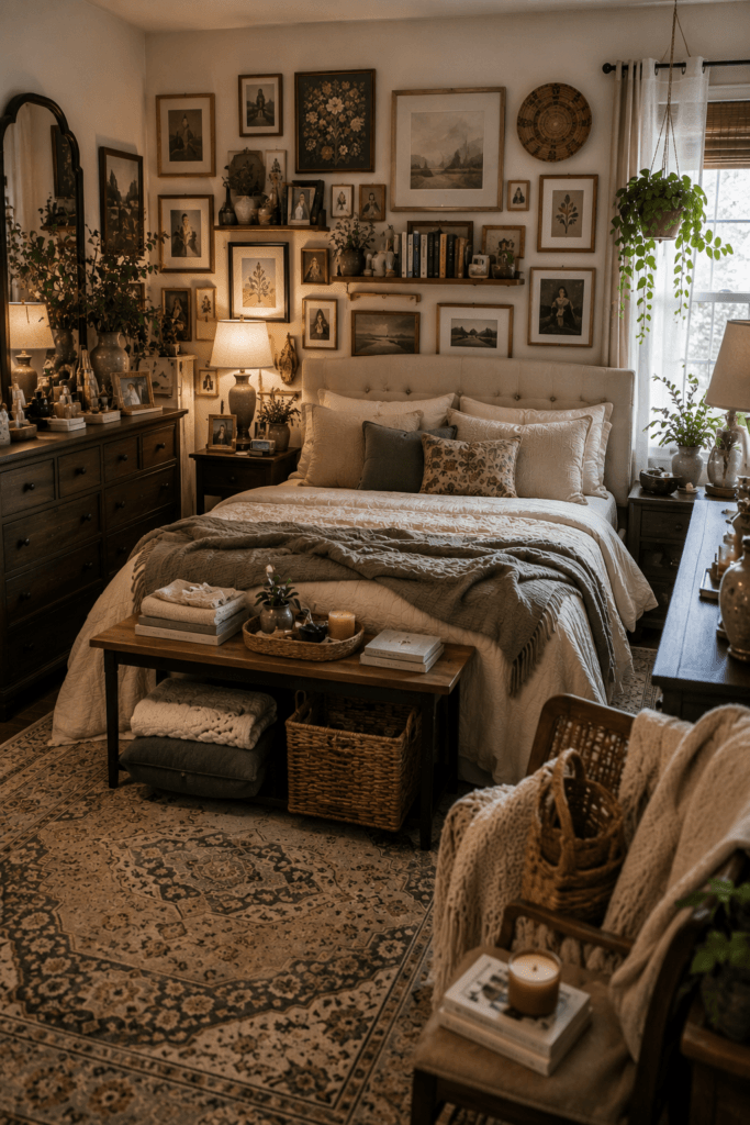 Bedroom walls filled with shelves, frames and decor leaving little visual breathing room.