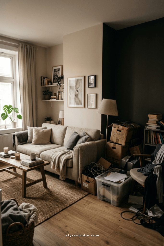 Cozy apartment living room with layered lighting that makes a small space feel larger