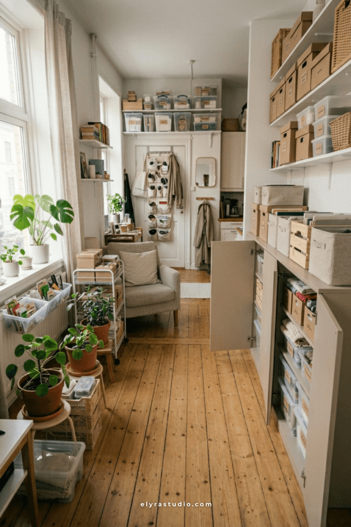 Small apartment hallway with hidden storage cabinet and clean minimalist design