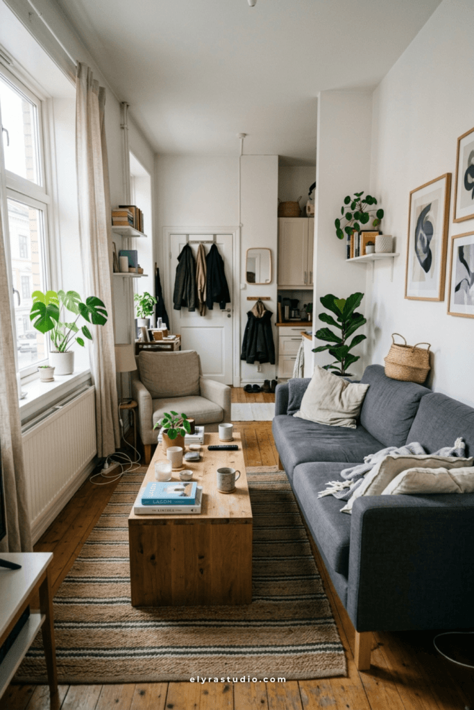 Studio apartment design with built-in bed storage, neutral colors, and space-saving layout ideas