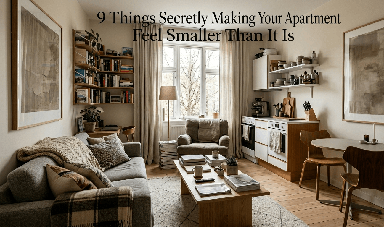 Small apartment living room layout with cozy neutral decor, open kitchen, and space-saving furniture ideas