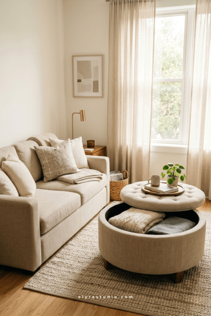 Small apartment living room with a storage ottoman used for hidden blanket storage