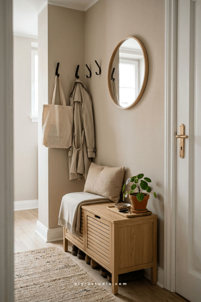 Narrow apartment entryway with a storage bench for shoes and everyday essentials