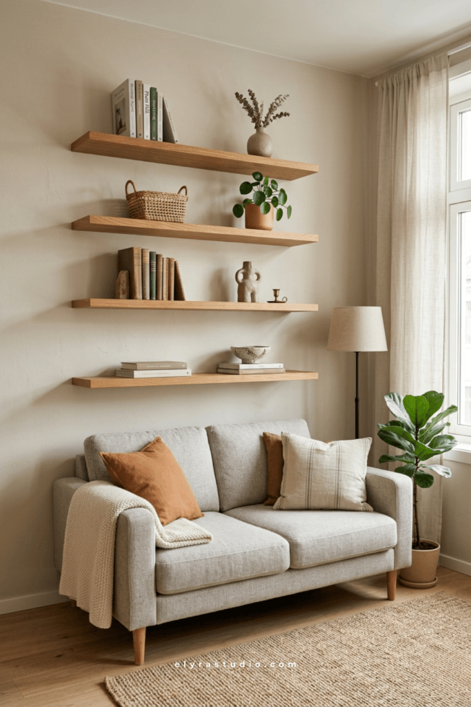 Floating wall shelves adding storage and display space in a small apartment living room