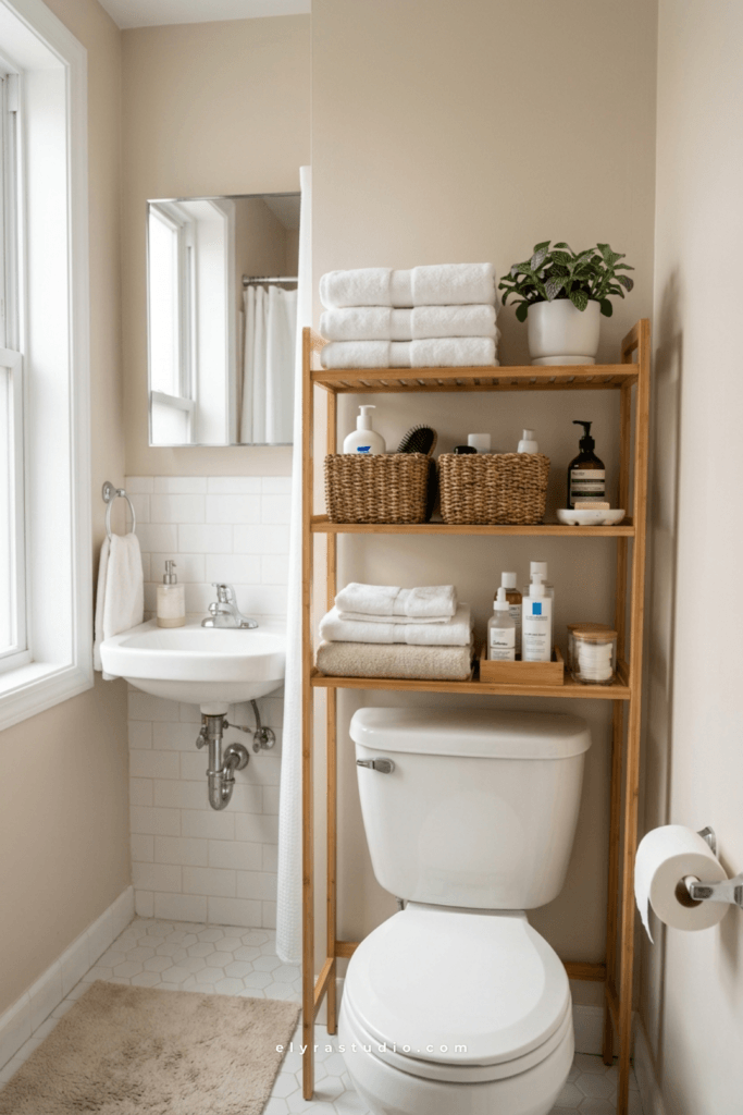 Small bathroom with storage shelves above the toilet for towels and toiletries
