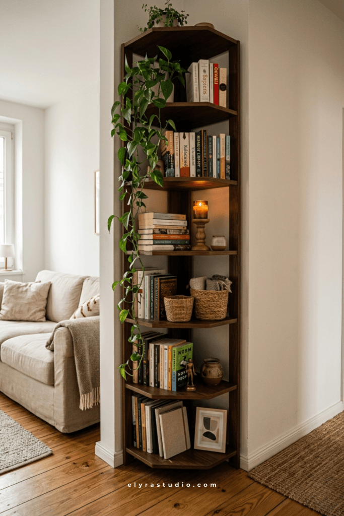 Corner shelving unit creating extra storage in a small apartment living area