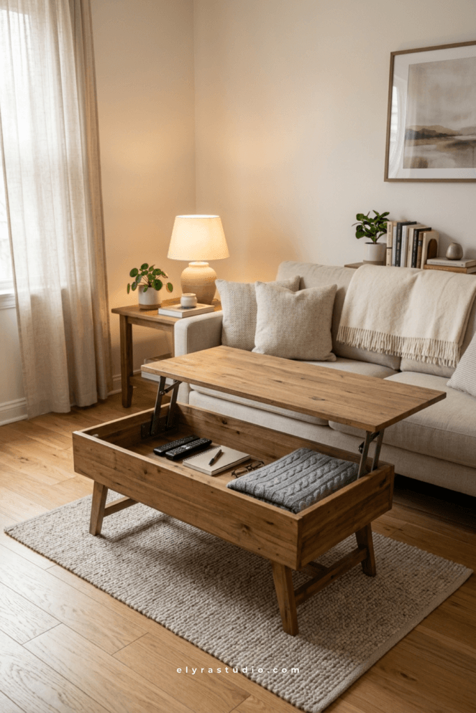 Living room coffee table with hidden storage for books, blankets and everyday items