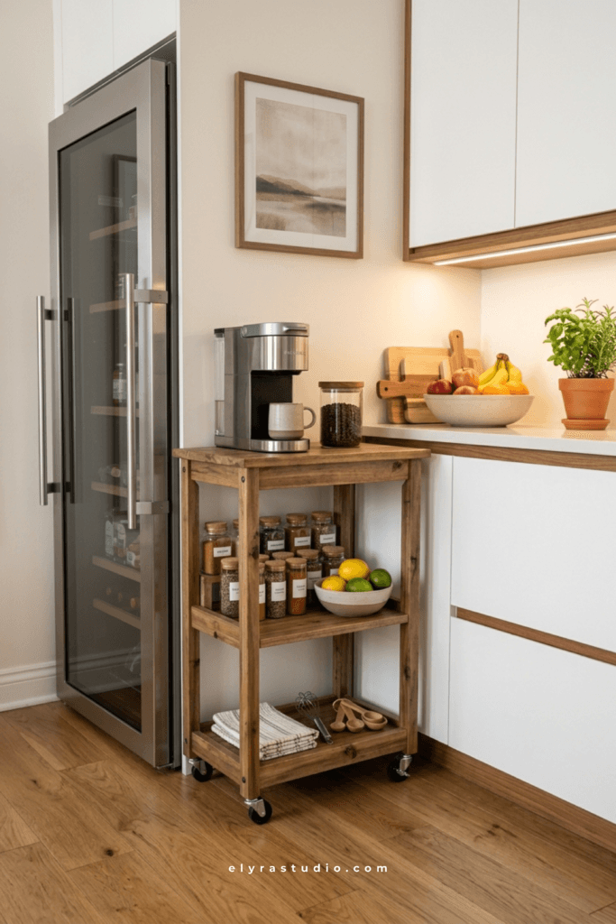 Small apartment kitchen with a rolling storage cart for pantry and coffee supplies