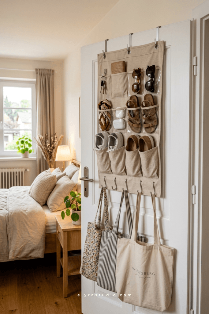 Behind-the-door organizer used for shoes and accessories in a small apartment bedroom