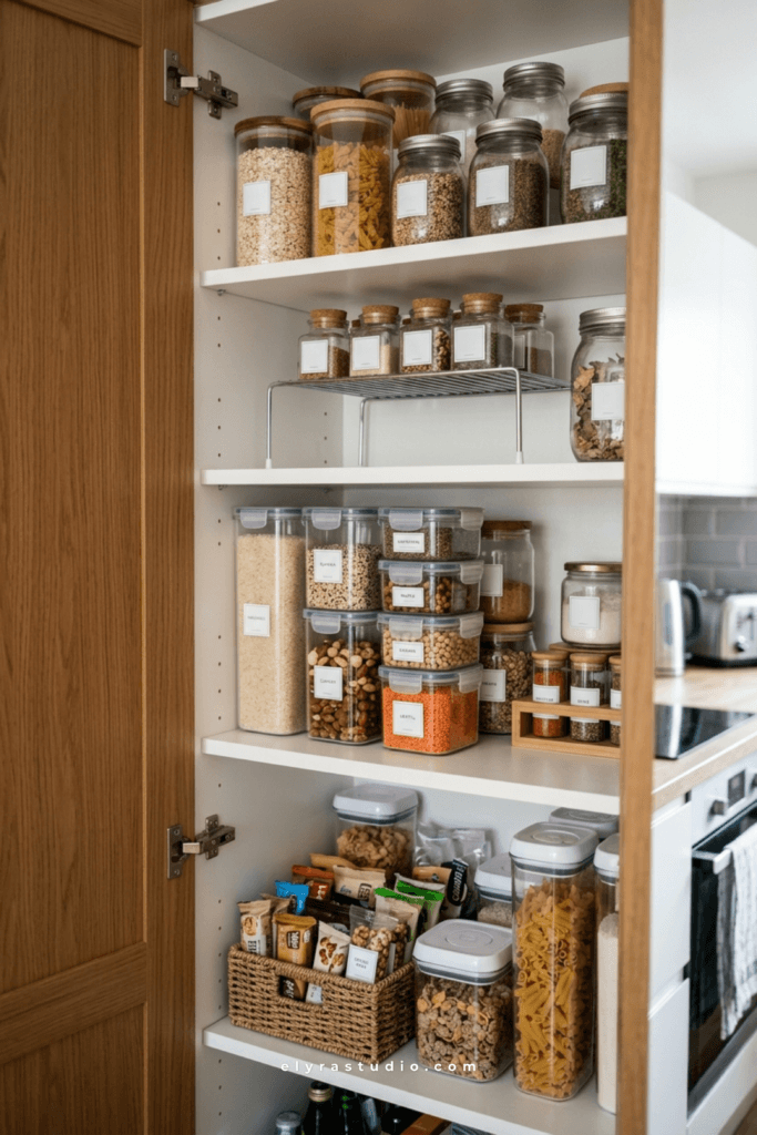 Organized kitchen cabinet with vertical pantry storage containers and shelf risers