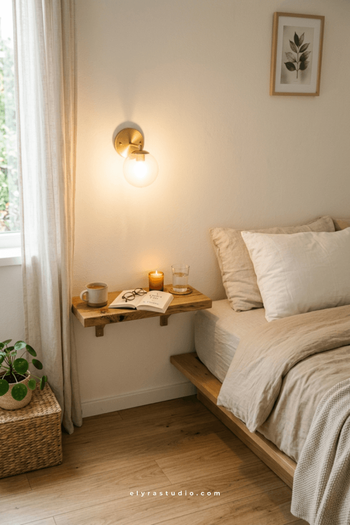 Wall-mounted shelf used as a space-saving nightstand in a small bedroom