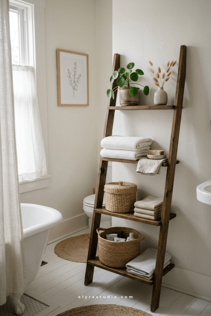 Ladder shelf providing open storage in a small apartment bathroom or living room