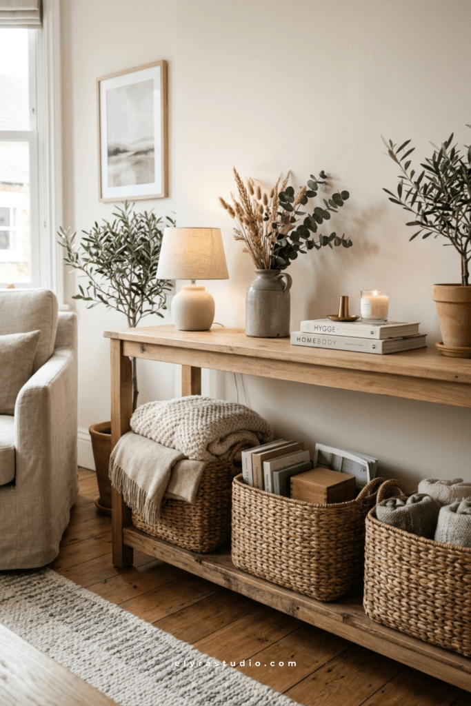 Woven storage baskets placed under a console table in a small apartment